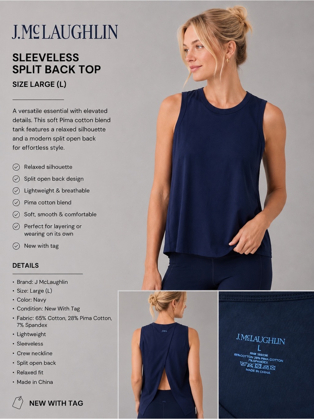 J.McLaughlin Navy Sleeveless Split Back Tank Top Pima Cotton Blend Large NWT
